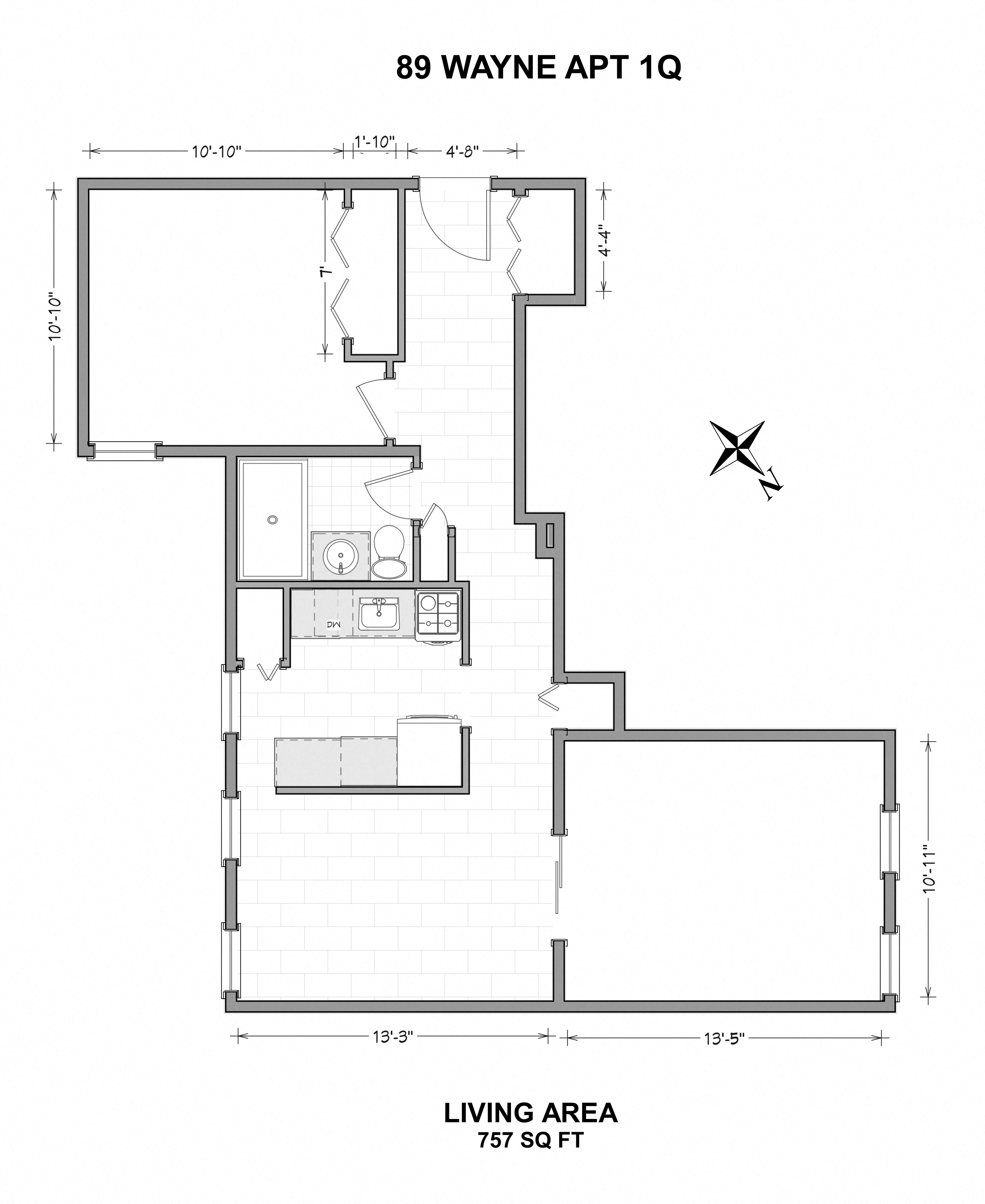Floor plan for studio, 1 bath, 747 sqft